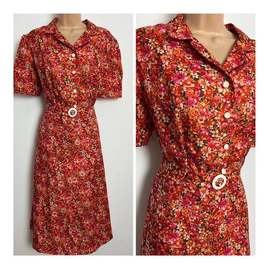 Vintage 1970s Size 16 Orange Tones Floral Print Short Sleeve Belted Day Dress