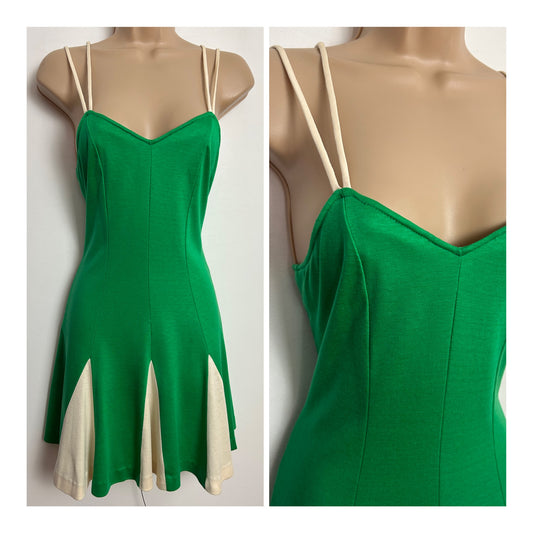 Vintage 1970s SAINT CLOUD Size 6 Green & Beige Double Strap Mini Sundress