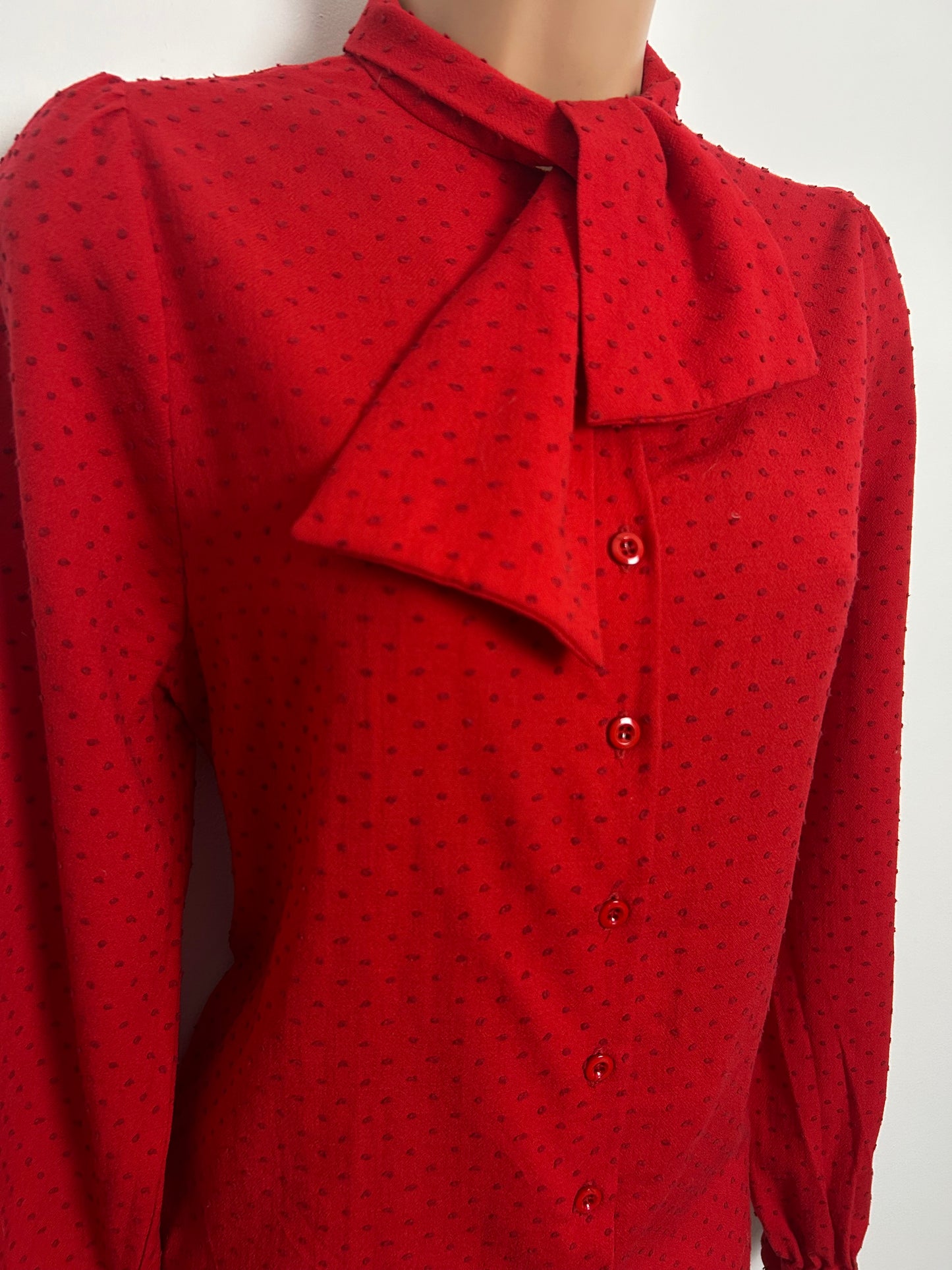 Vintage Late 1970s JAEGER (Made In England) Size 10-12 Red Swiss Dot Scarf Neck Cotton Shirt