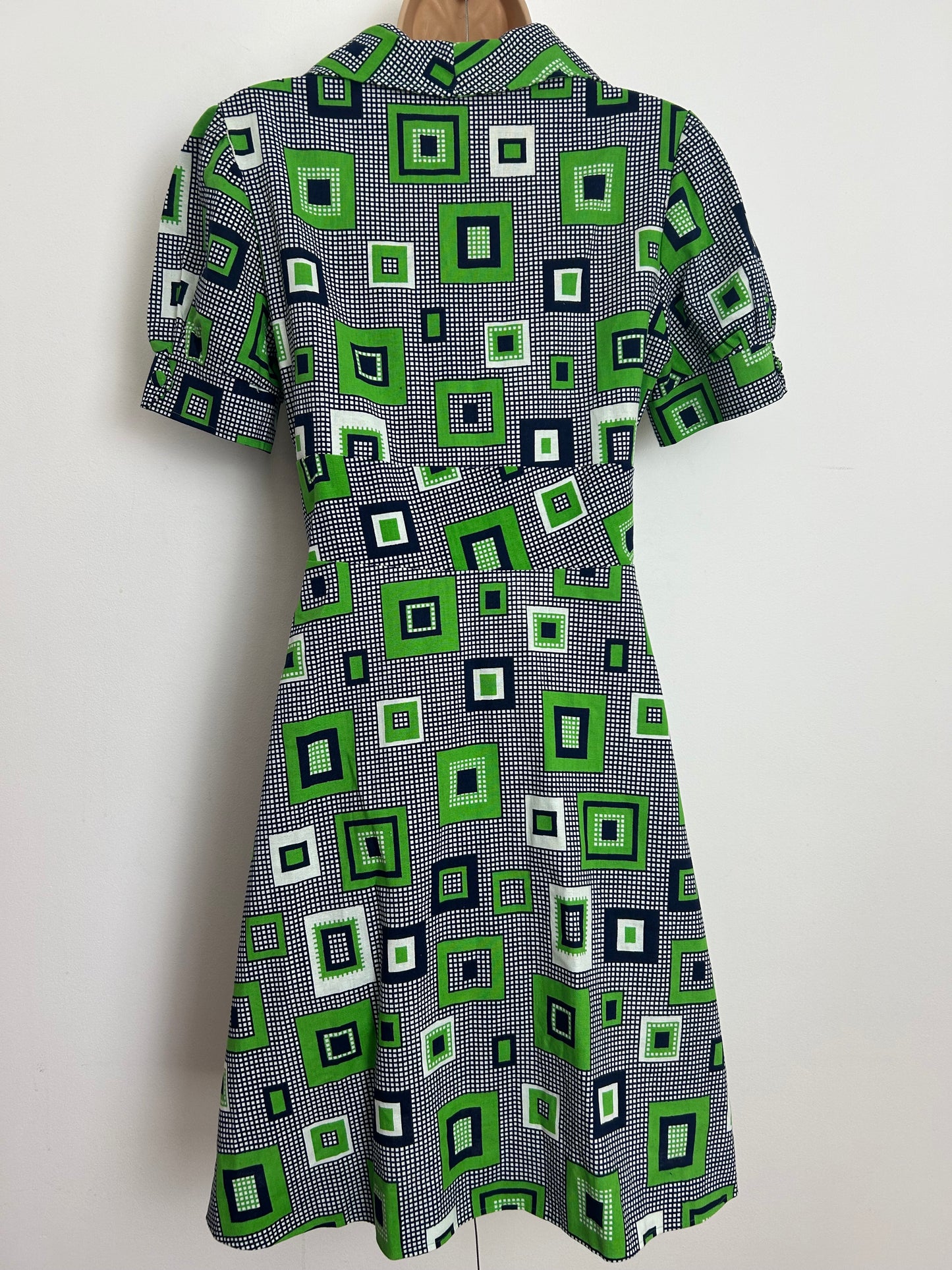 Vintage 1960s VANESSA Size 10 Navy Blue & Gren Check Print Cotton Open Front Mod Wrap Dress