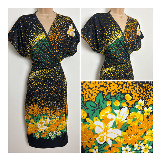 Vintage 1980s Size 14 Black Orange White & Yellow Abstract & Daffodil Print Full Wrap Style Day Dress