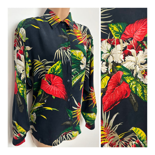 Vintage 1980s Size 12 Black Red & Green Tropical Floral Print 100% SILK Long Sleeve Shirt