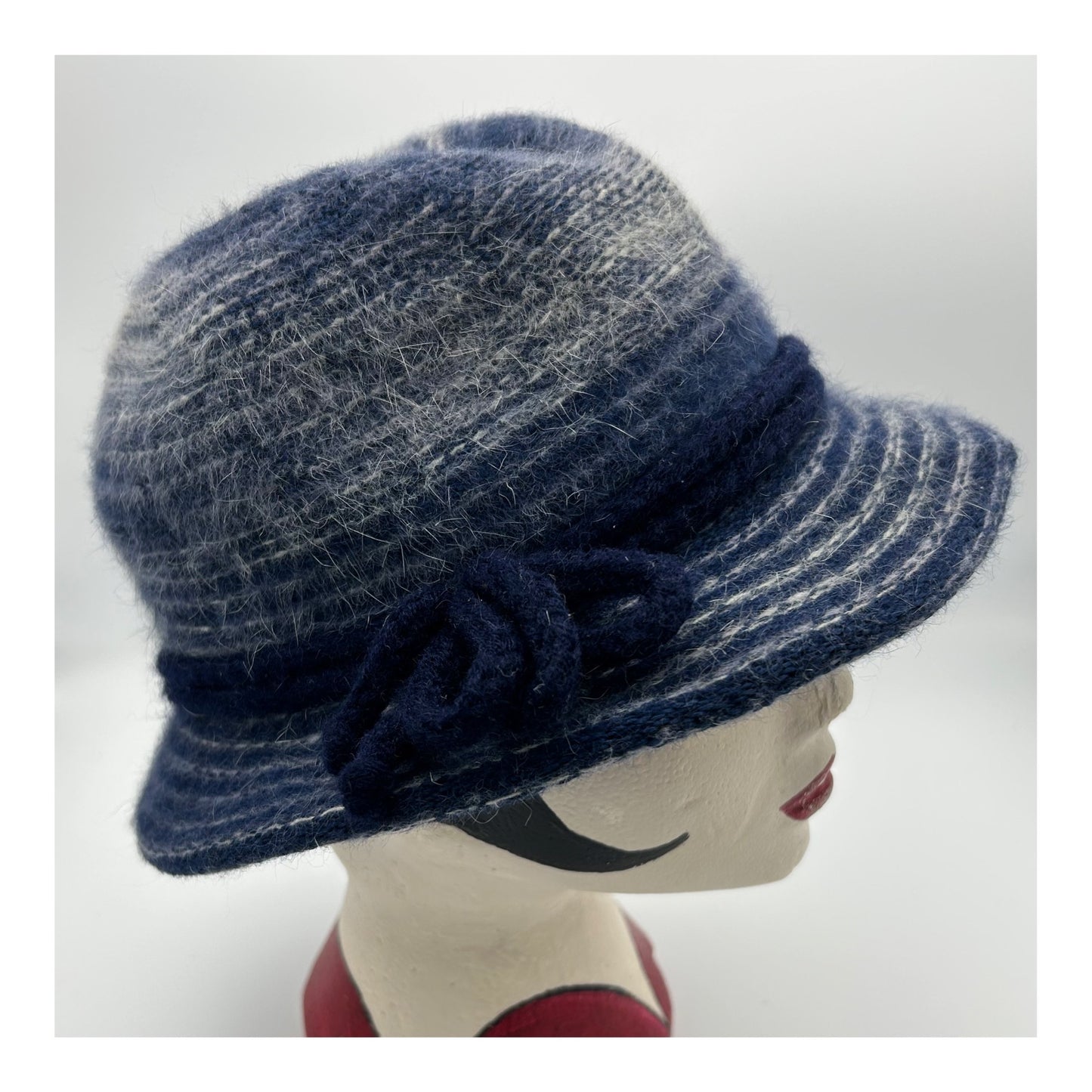 Vintage C&A Blue & White Stripe Angora  & Wool Mix Bow Detail Trilby Style Hat