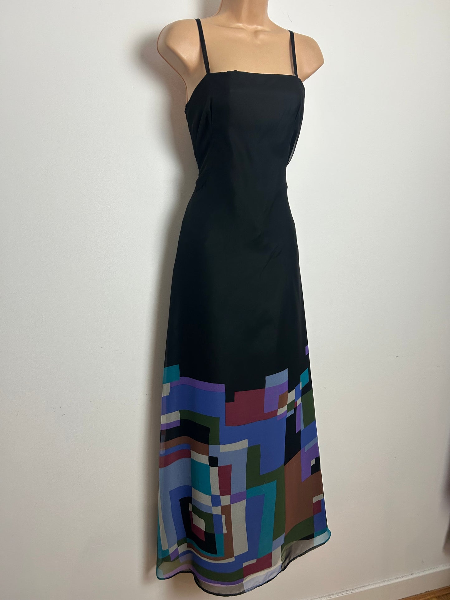 Vintage Late 1970s HOFFMANN Size 10 Black & Multi Colour Abstract Print Strappy Chiffon Maxi Dress