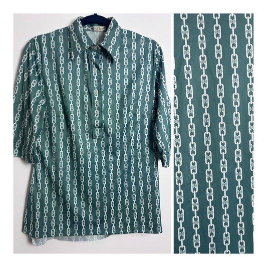 Vintage 1970s UK Size 12 Green & White Abstract Chain Print Long Sleeve Shirt