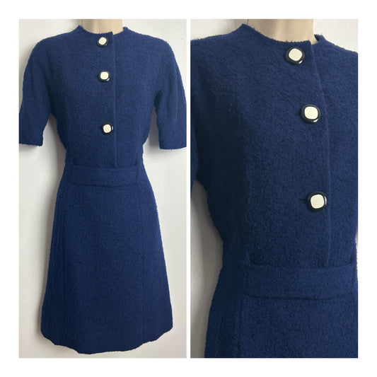 Vintage 1960s Size 10-12 Navy Blue Boucle Short Sleeve Ted Detail Mod Dress