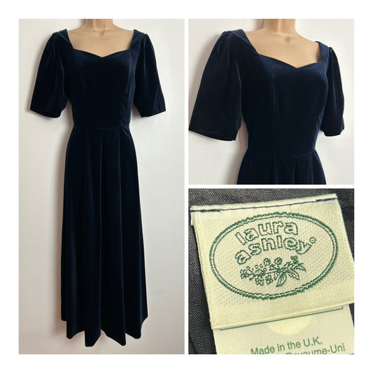 Vintage 1980s LAURA ASHLEY UK Size 12 (Size 14 On The Label) Dark Midnight Blue Velvet Pleated Short Sleeve Maxi Length Ballgown (Copy)