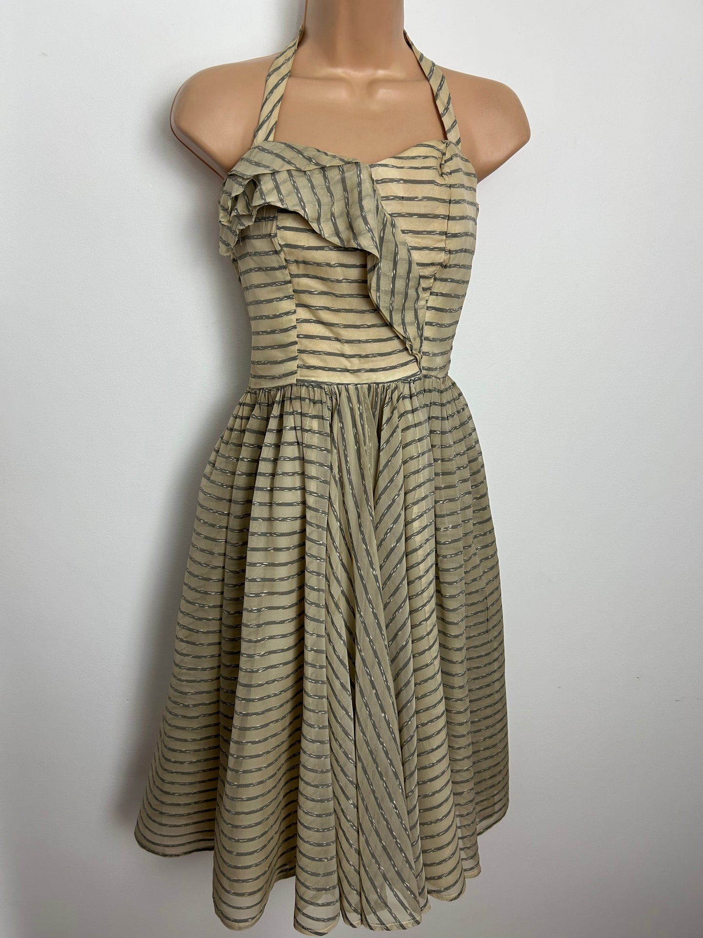 Vintage 1950s Size 8 Beige & Grey Stripe Halterneck Boned Party Prom Occasion Dress
