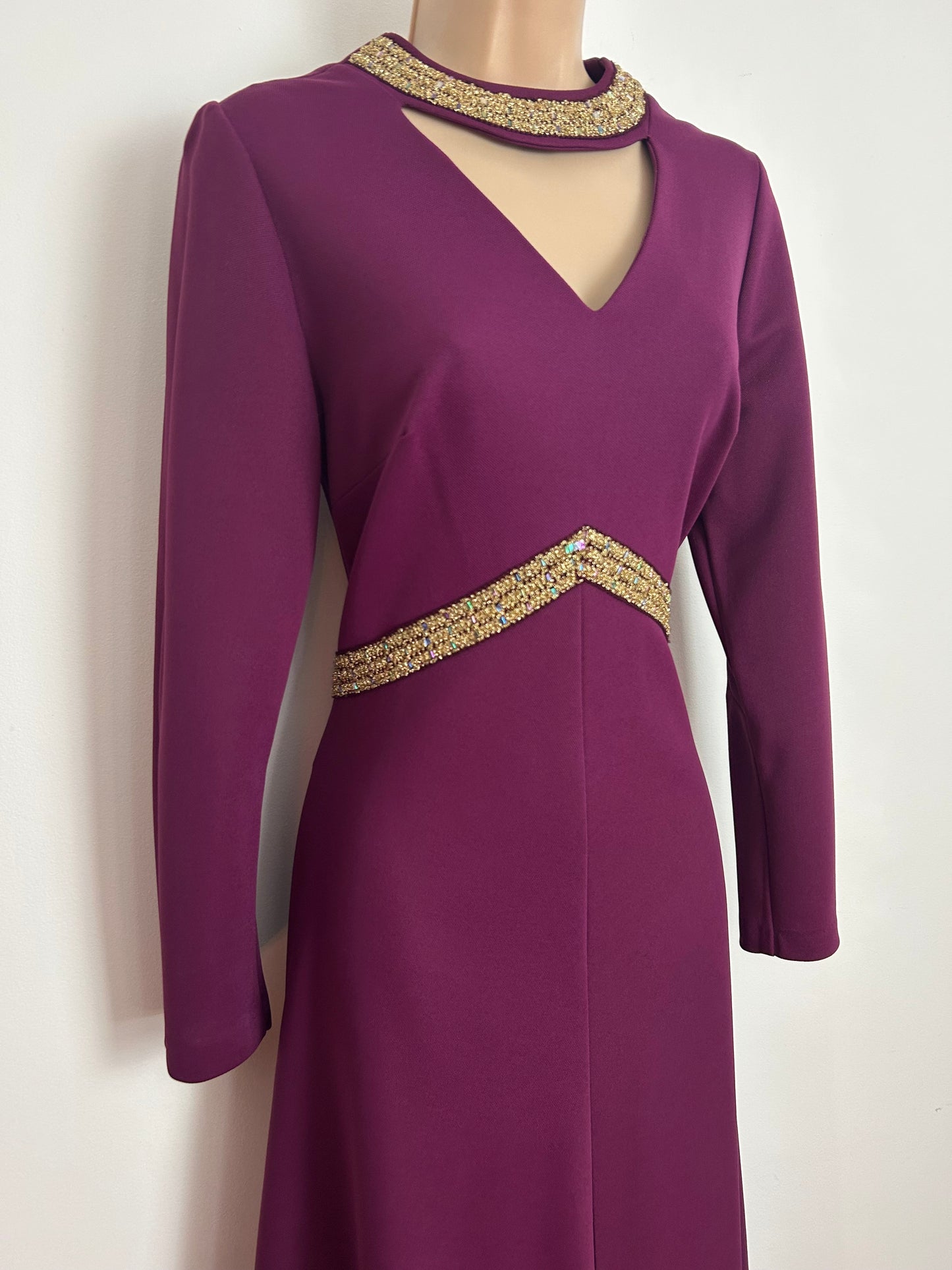 Vintage 1970s LEYGIL Size 8 Plum Purple Key Hole Choker Neck Gold Braid Trim Detail Occasion Maxi Dress