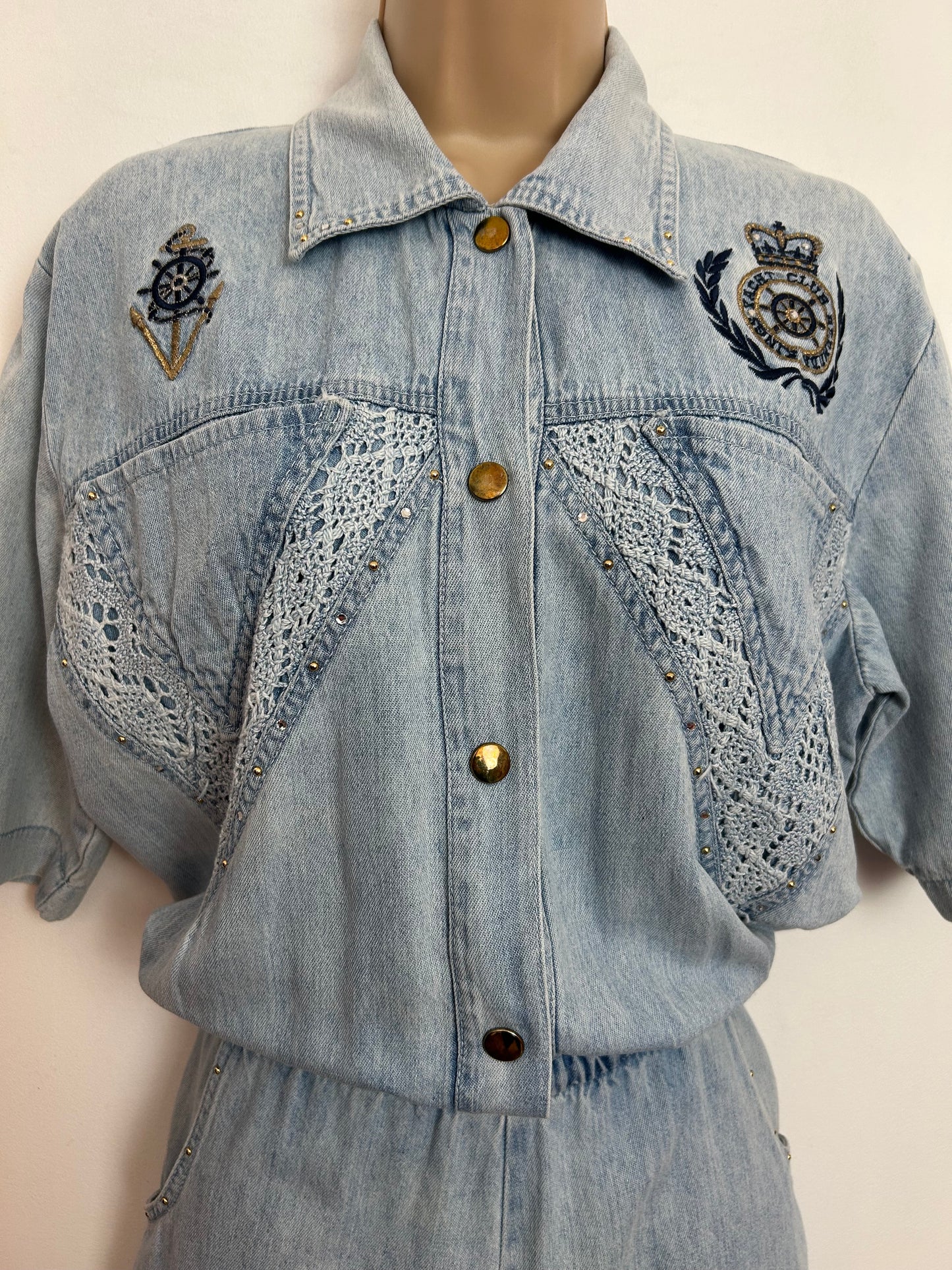Vintage 1980s RARE ST DENIS Size 12 Pale Stonewash Denim Nautical Applique Detail Playsuit