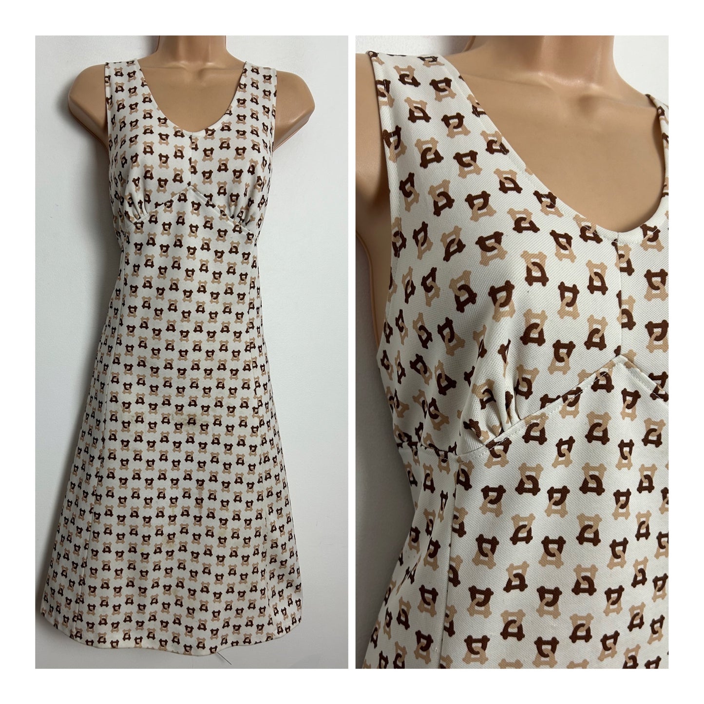 Vintage 1970s White Brown & Sandy Beige Equestrian Stirrup Print Sleeveless Mod Shift Dress