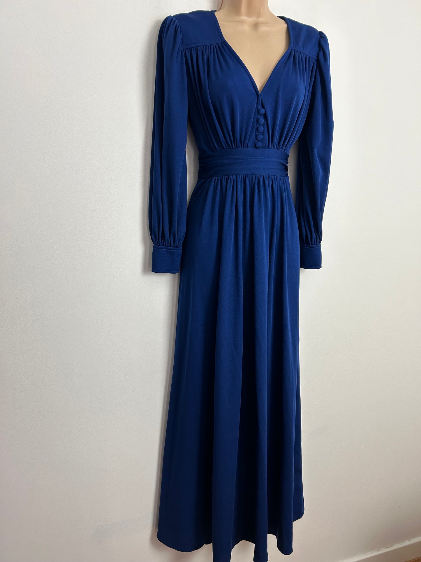 Vintage 1970s CREATION MADEMOISELLE UK Size 6-8 Royal Blue Long Sleeve Gather Pleated Maxi Dress