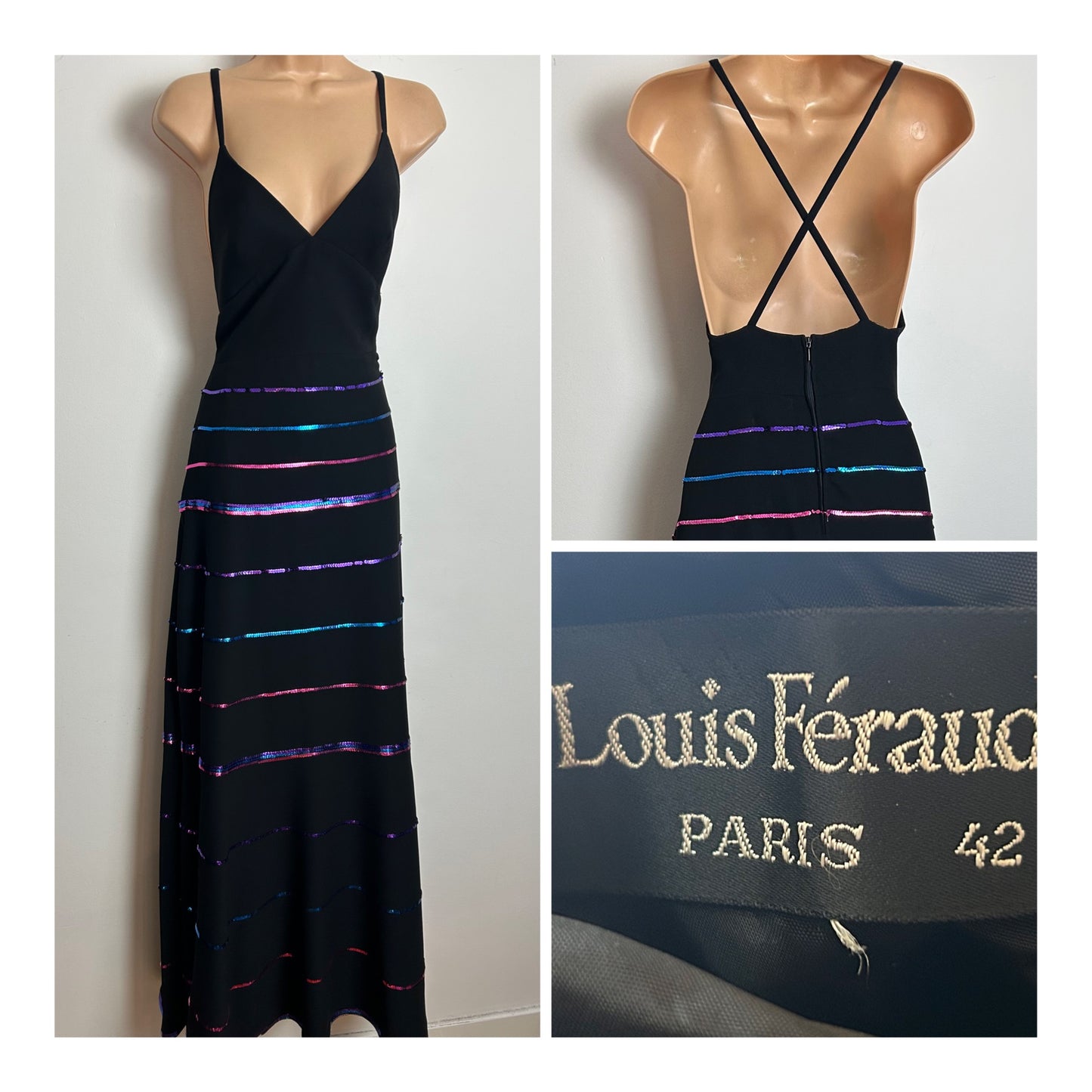 Vintage 1970s LOUIS FERAUD Size 6 Black Halterneck Purple Blue & Pink Sequin Detail Evening Party Maxi Dress