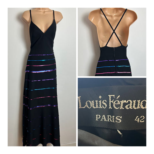 Vintage 1970s LOUIS FERAUD Size 6 Black Halterneck Purple Blue & Pink Sequin Detail Evening Party Maxi Dress