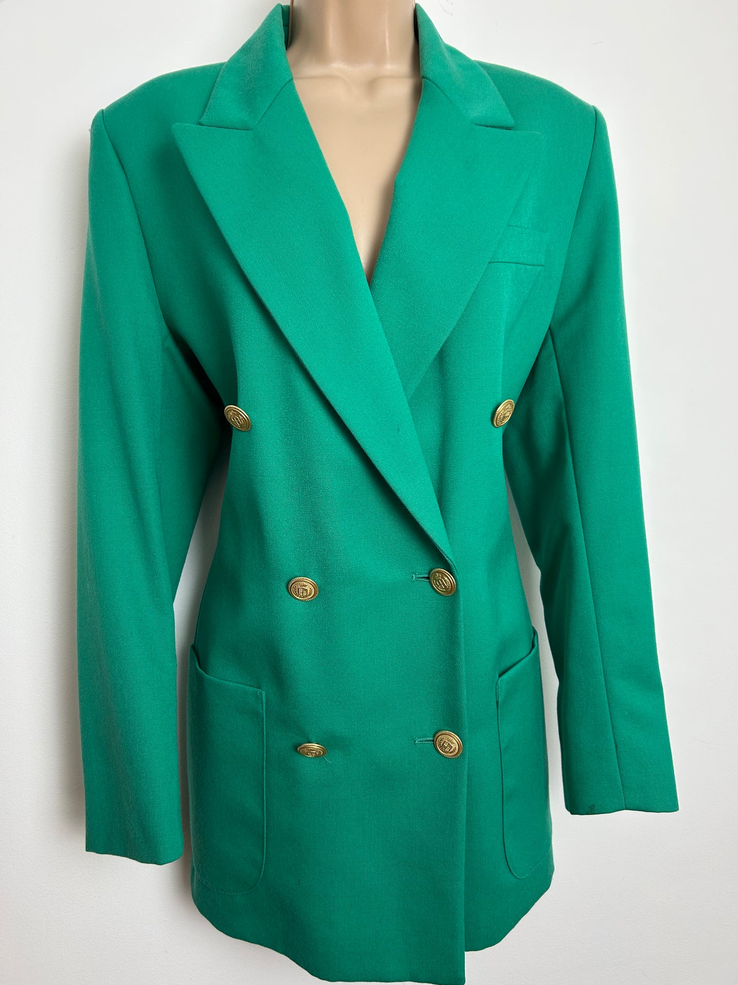 Vintage 1990s ST MICHAEL MARKS & SPENCER Size 12-14 Green Pure Wool Military Style Double Breasted Blazer