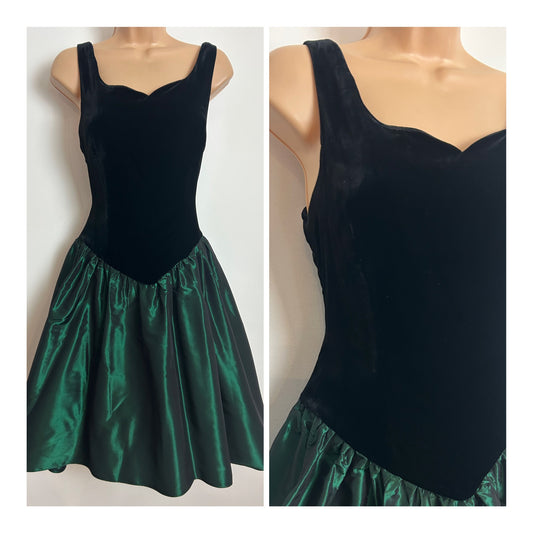 Vintage 1980s Size 8 Black & Bottle Green Velour & Taffeta Xmas Party Prom Dress