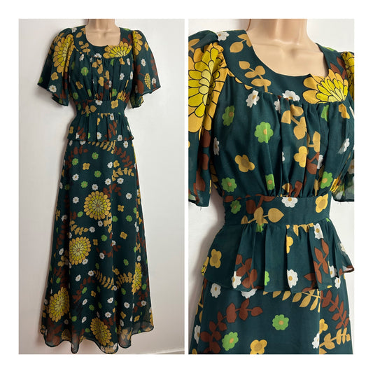 Vintage 1970s UK Size 6 SUSAN SILVEY FOR MISS MAYFAIR UK Size 6 Dark Green Yellow & Brown Floral Print Peplum Tie Back Boho Maxi Dress