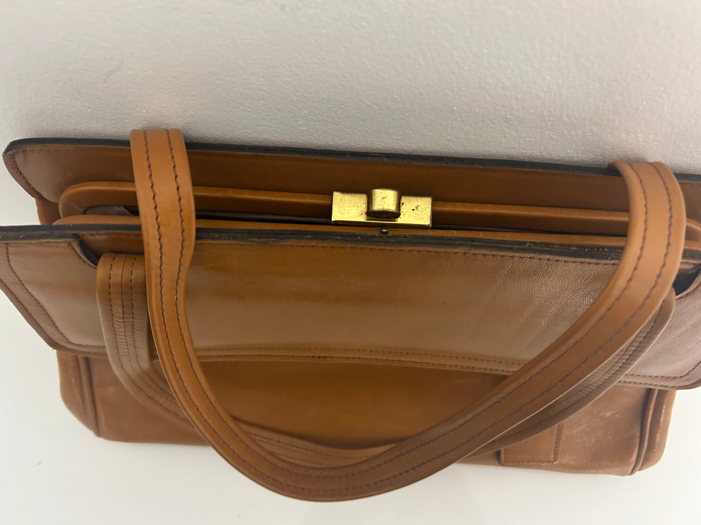 Vintage Late 1960s Tan Brown Top Handles Leather Handbag With Small Matching Coin Purse