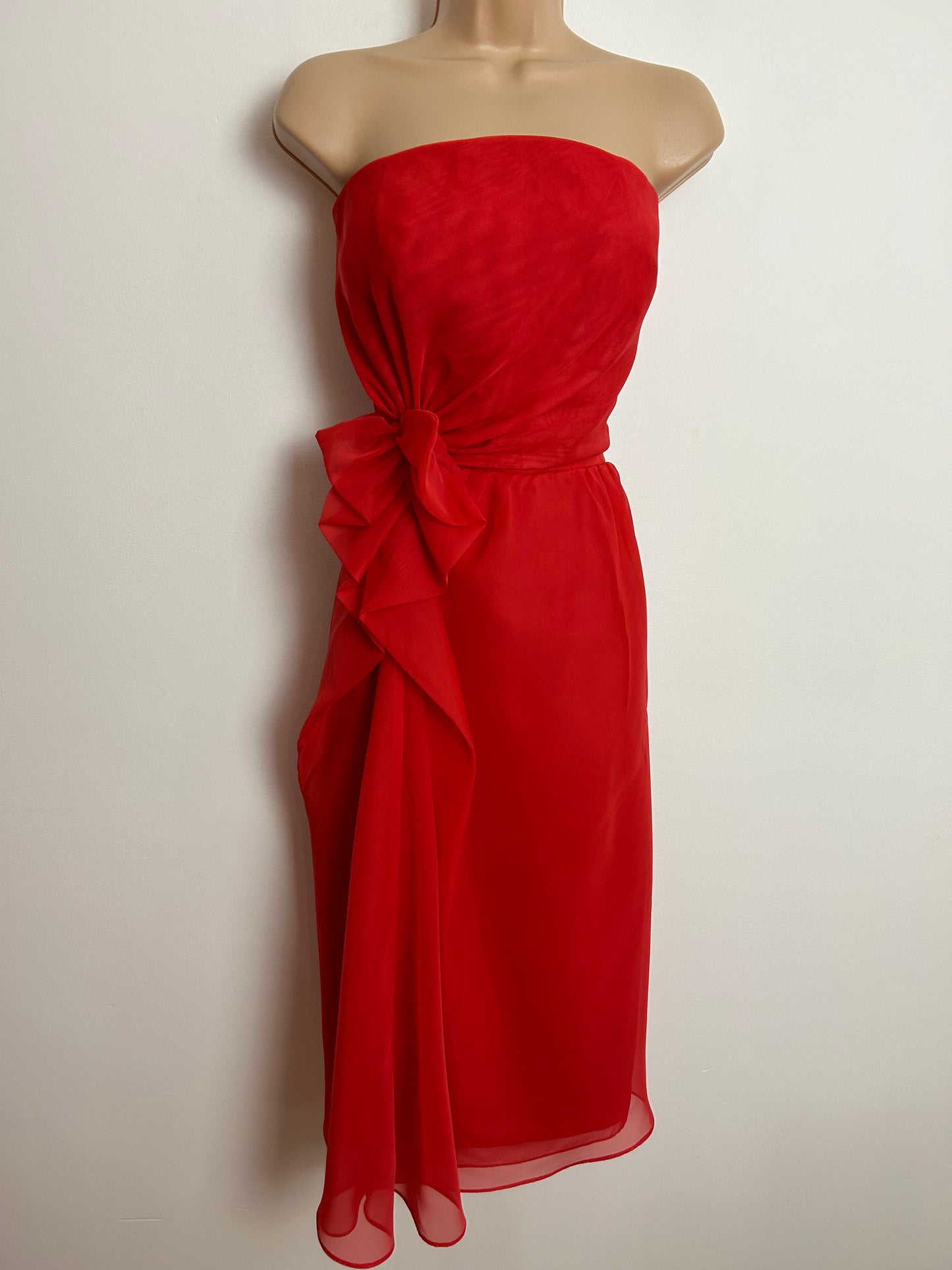 Vintage 1980s UK Size 10 FRANK USHER Red Strapless Boned Bow Ruffle Detail Cocktail Party Occasion Evening Dress