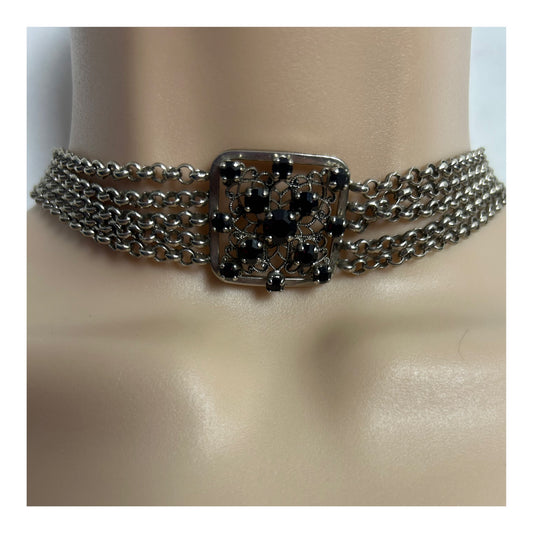 Vintage 1970s Silver Tone Multi Strand Purple Stone Set Small Choker Necklace
