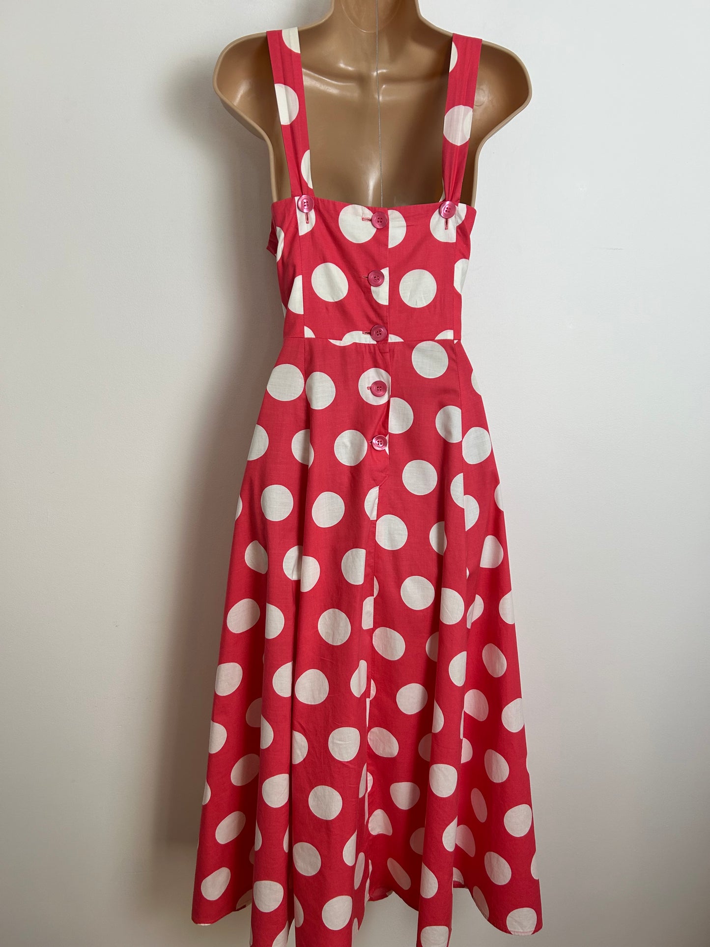 Vintage 1980s LAURA ASHLEY UK Size 10 (Size 14 On Label) Pinky Red & White Spot Polka Dot Print Summer Dress
