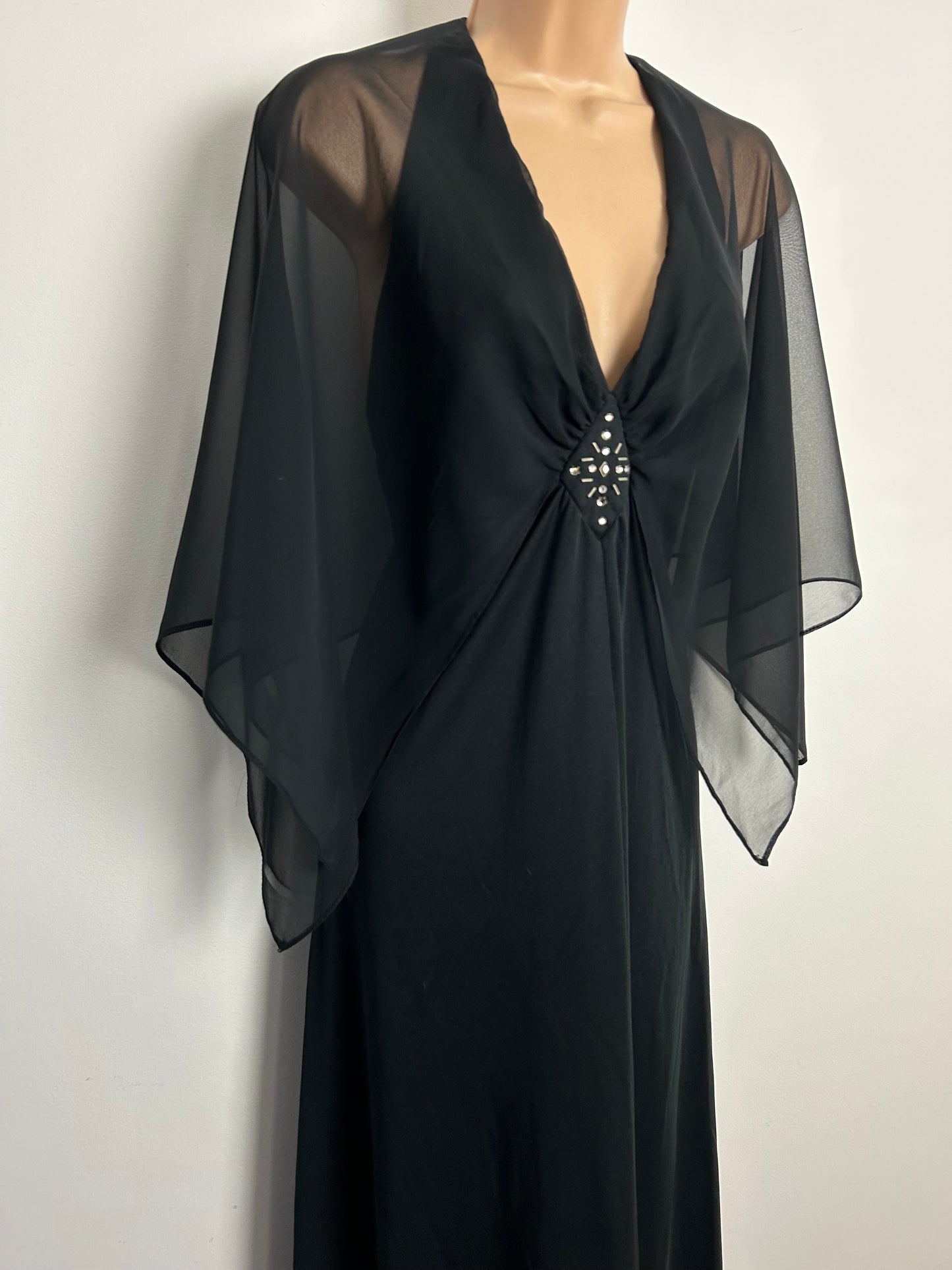Vintage 1970s Size 10 Black Open Back Chiffon Floaty Cape Sleeve Diamante & Bead Detail Occasion Maxi Dress