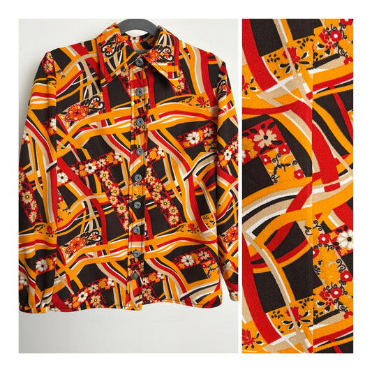 Vintage 1970s Size 12 Orange & Brown Tones Abstract Psychedelic Print Long Sleeve Shirt
