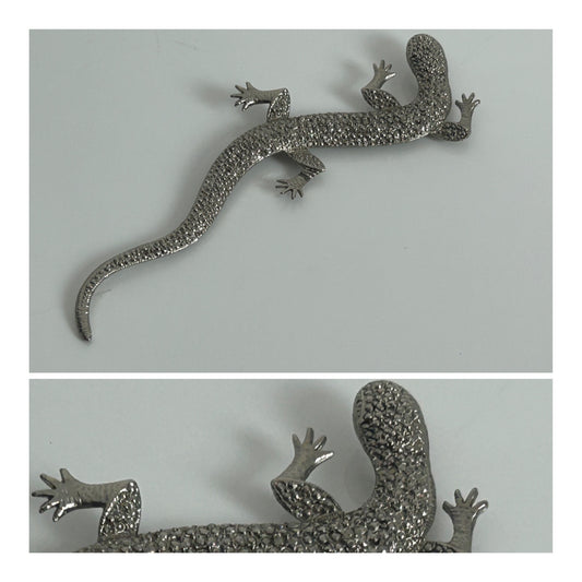 Vintage 1970s Large Silver Tone Marcasite Lizard Brooch