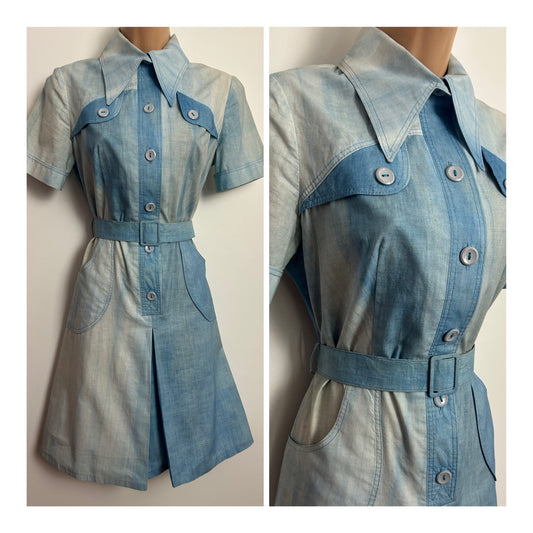 Vintage 1970s Size 10 Blue Tones Ombre Short Sleeve Dagger Collar Mod Shirt Dress