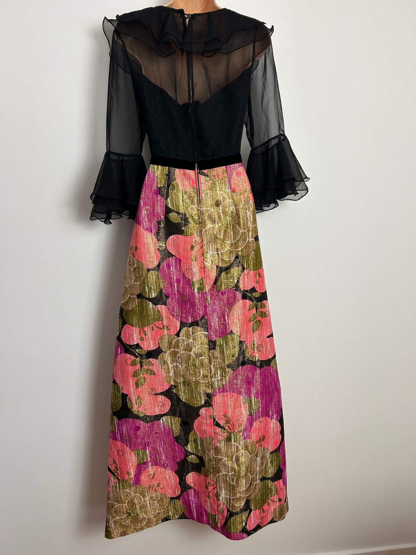 Vintage 1970s Beautiful UK Size 8 Black Pink & Gold Floral Print Lurex Ruffle Trim Flared Cuff Occasion Evening Maxi Dress