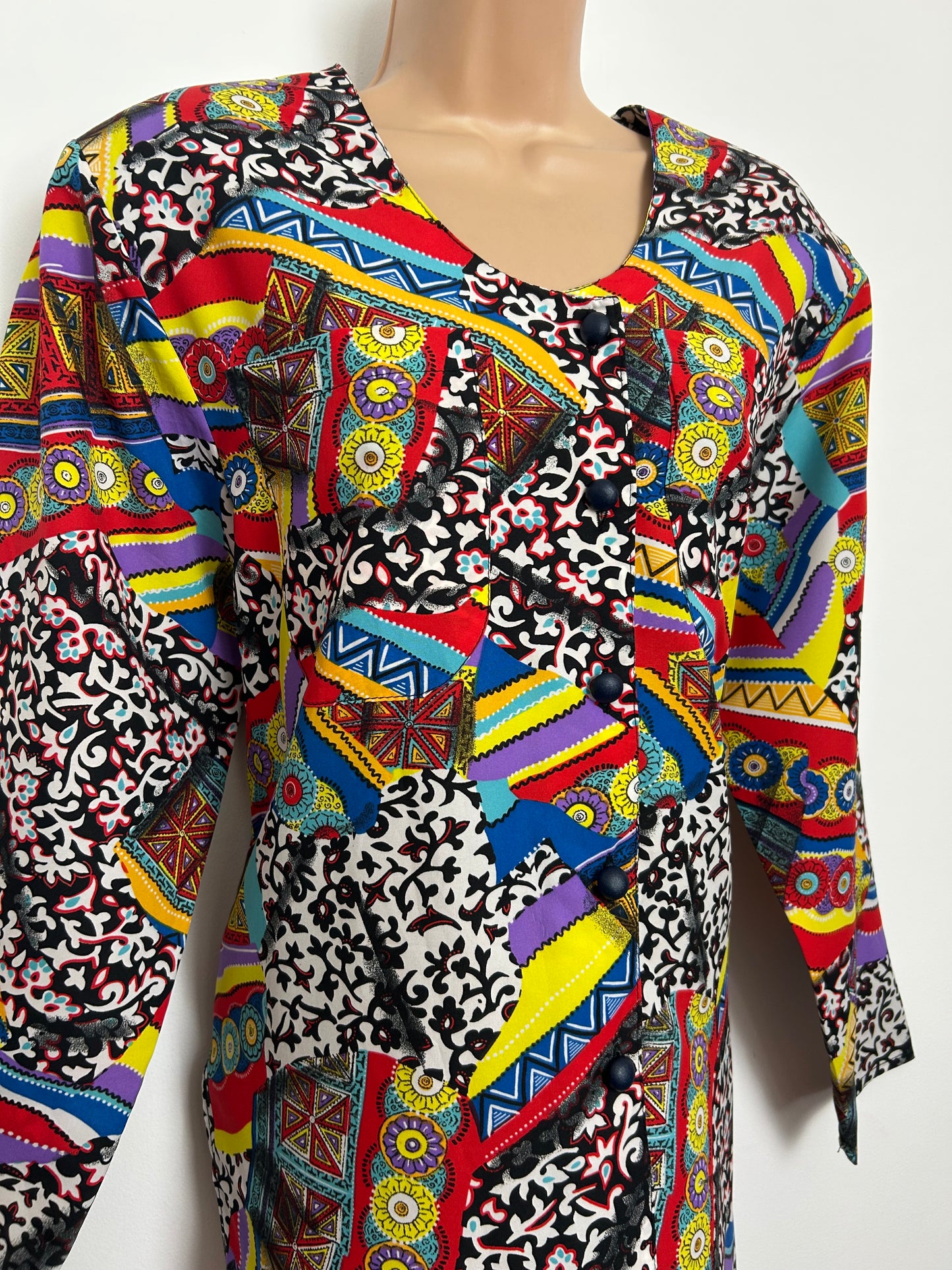 Vintage 1980s Size 12-14 Black Red Yellow Blue & Purple Abstract Print Long Sleeve Pocket Detail Shirt