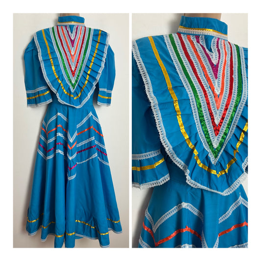 Vintage 1980s CLASSICOS Size 16 Blue Ribbon & Lace Trim Full Circle Mexican Patio Dress