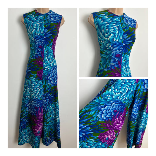Vintage 1960s Size 8 Dark Green Blue Turquoise & Purple Floral Wide Leg Palazzo Jumpsuit