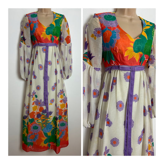 Vintage 1970s Size 6 Pretty White Orange Purple & Green Floral Print Long Sleeve Cotton Mix Summer Maxi Dress