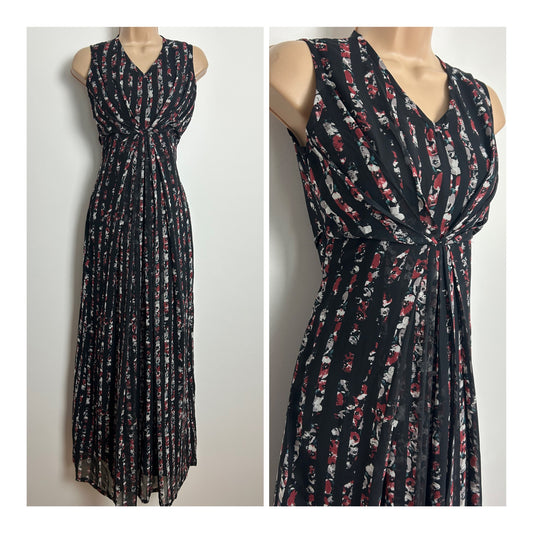 Vintage 1970s Size 6-8 Black Brown & Grey Stripe Floral Print Tie Back Pleated Maxi Dress