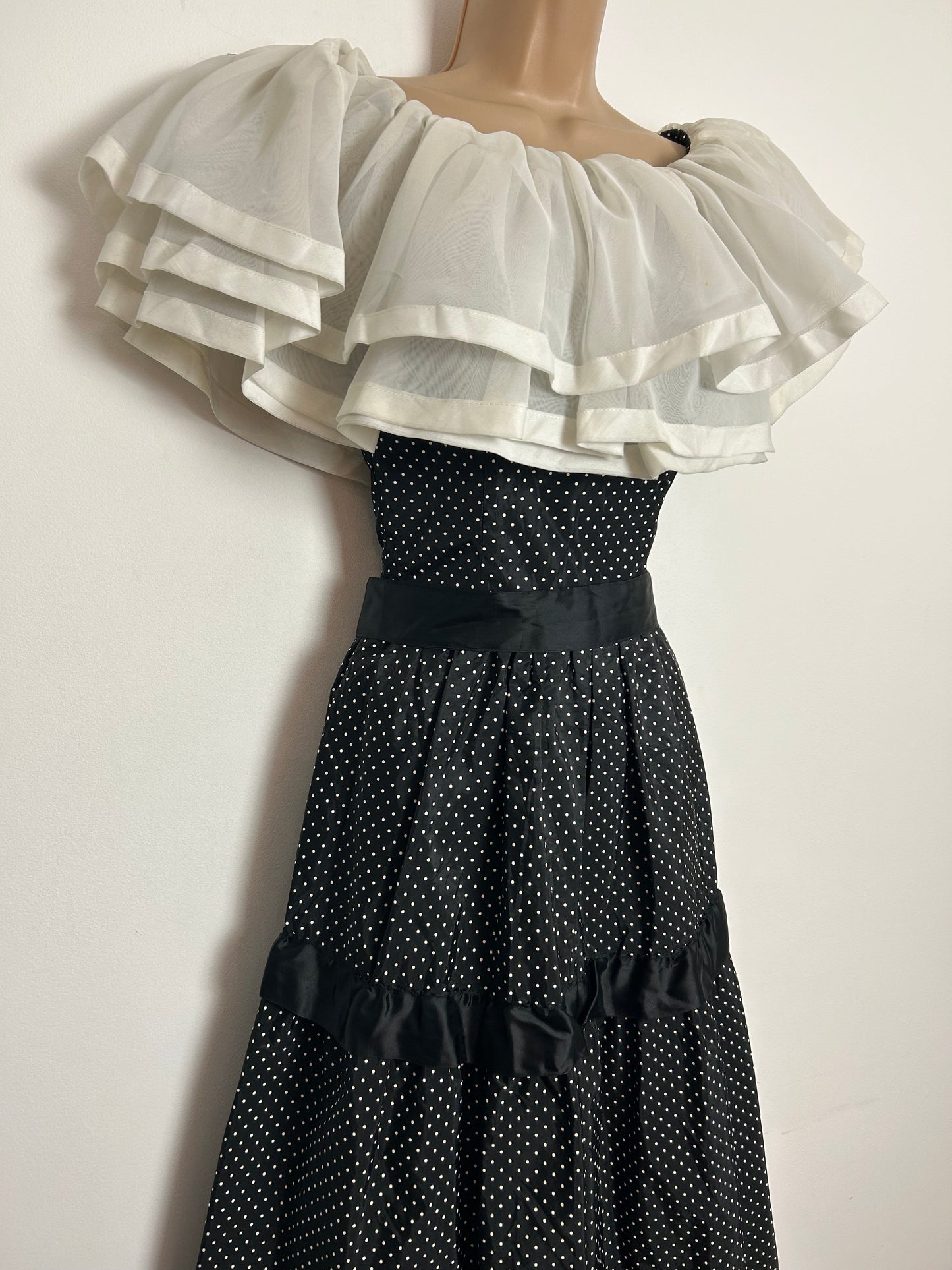 Vintage 1970s LURMAN UK Size 6 Black & White Polka Dot Print Belted Tiered Boho Prairie Maxi Dress