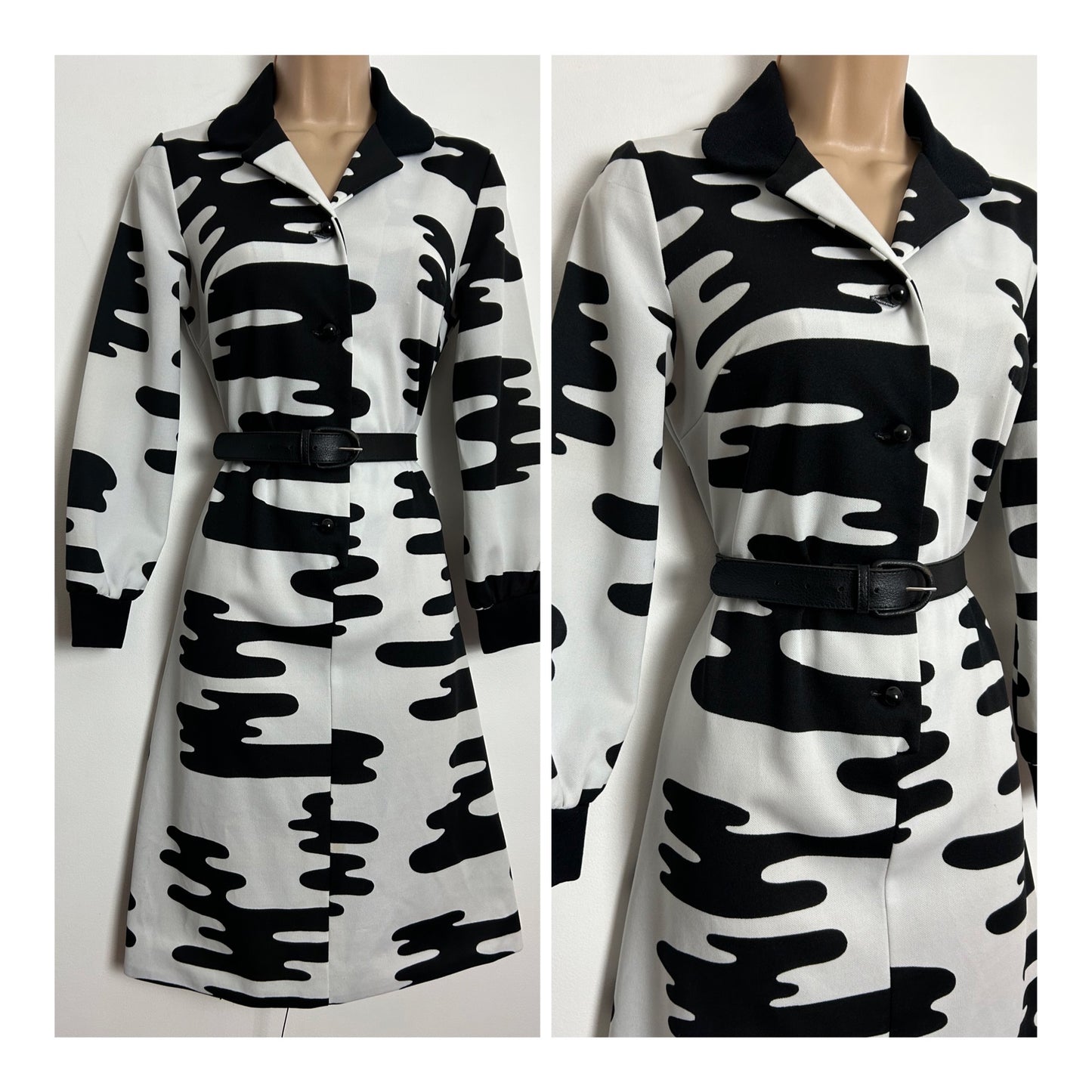 Vintage 1970s BLEEKER STREET UK Size 10 Black & White Abstract Print Long Sleeve Belted Dress