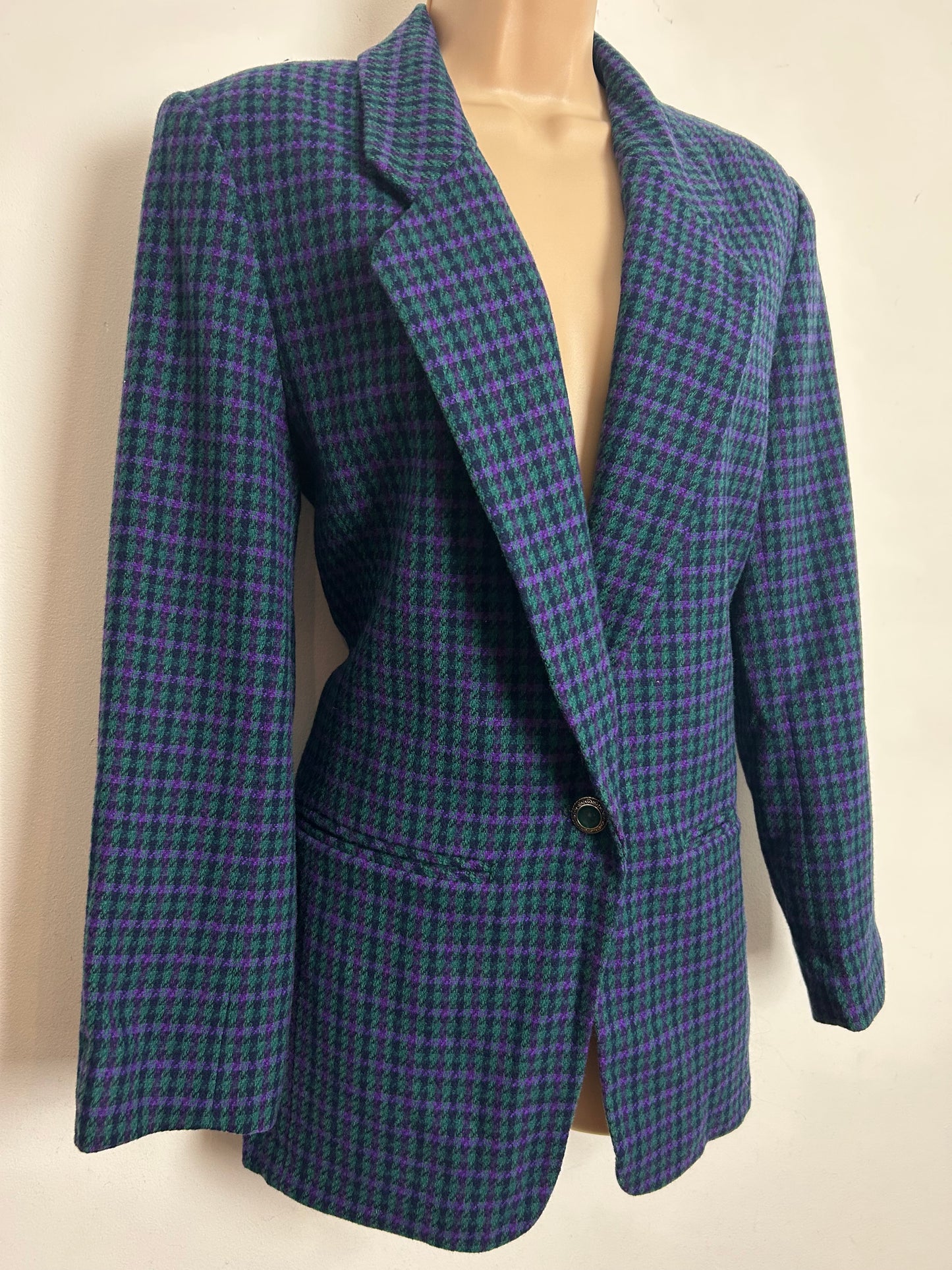 Vintage 1970s PENDLETON WOOLEN MILLS Size 10 Teal & Purple Virgin Wool Hounds Tooth Check Blazer