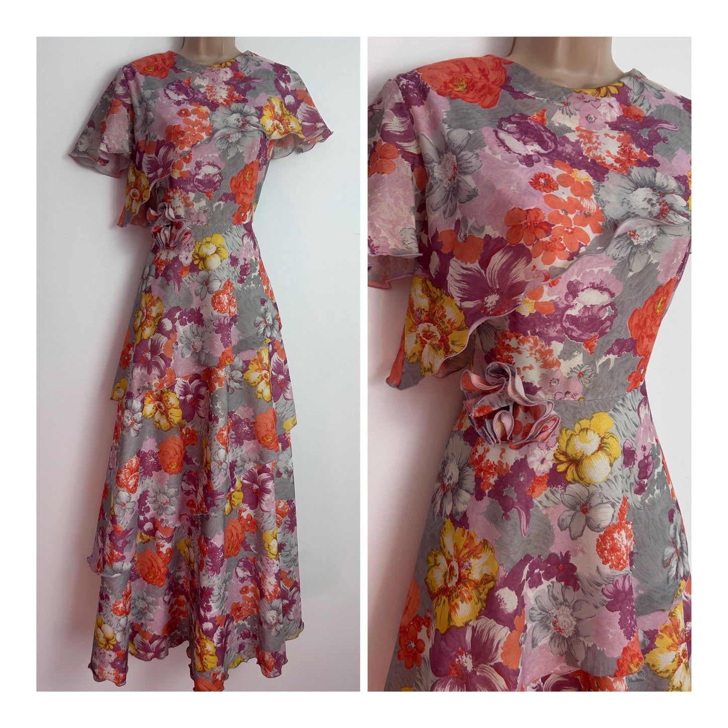 Vintage 1970s UK Size 10 Grey Orange & Plum Purple Floral Print Layered Boho Maxi Dress