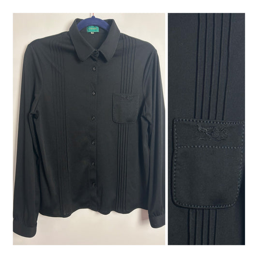 Vintage 1970s CANDA UK Size 12 Black Pintuck Pleated Long Sleeve Pocket Detail Shirt