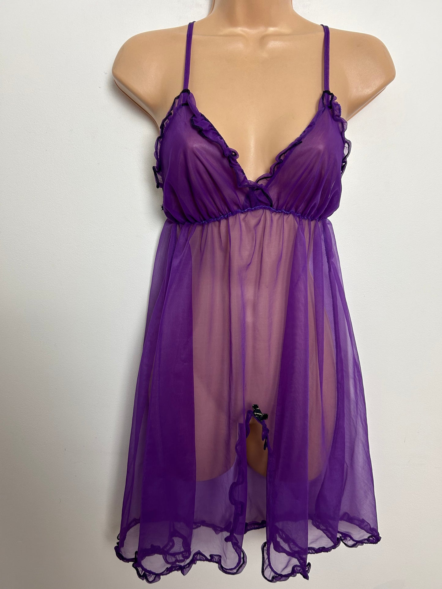 Vintage 1970s UK Size 6 Purple Semi Sheer Strappy Sexy Baby Doll Negligee Nightie Nightdress Slip