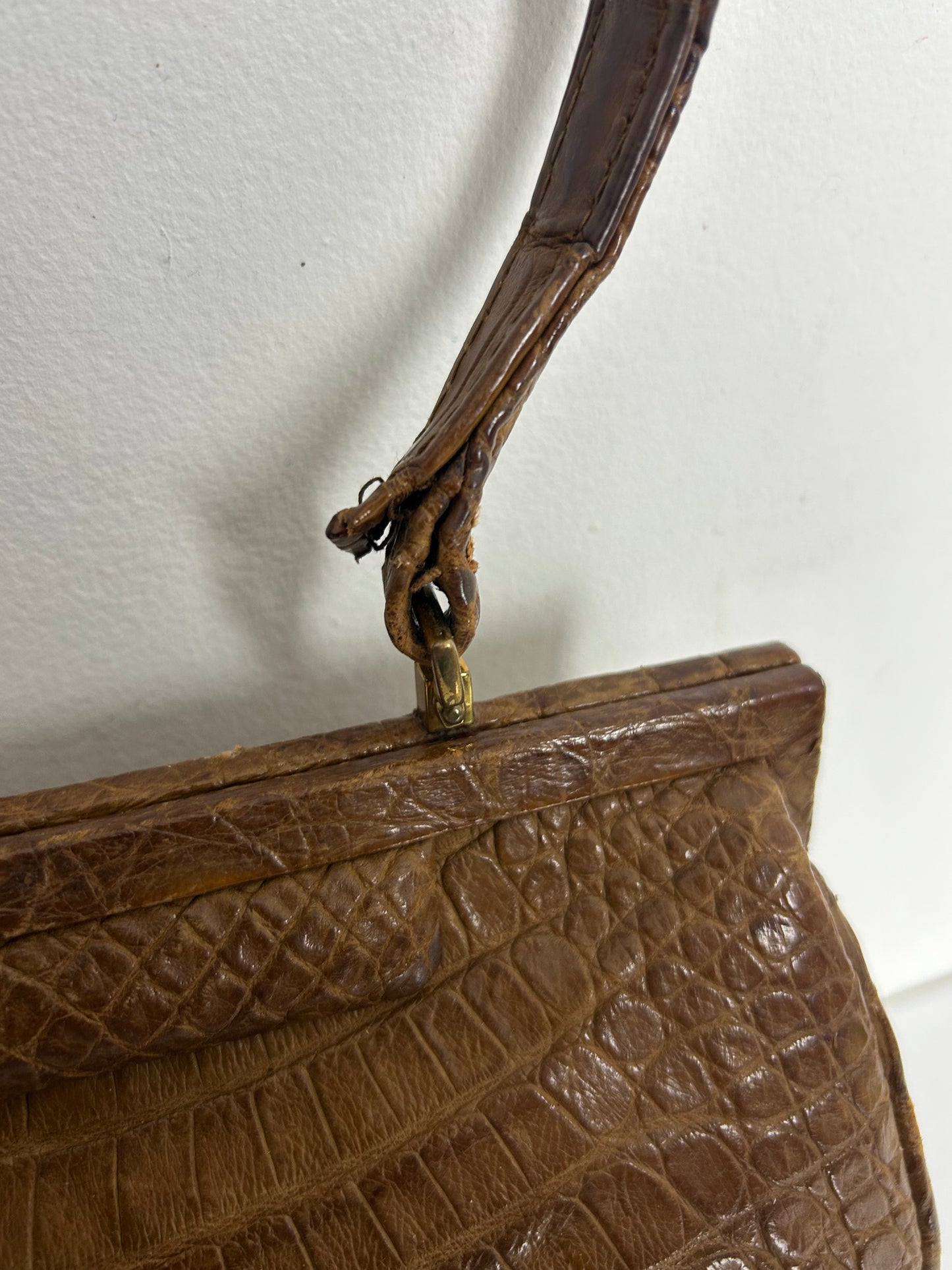 Vintage 1960s Dark Tan Brown Crocodile Leather Kelly Style Handbag
