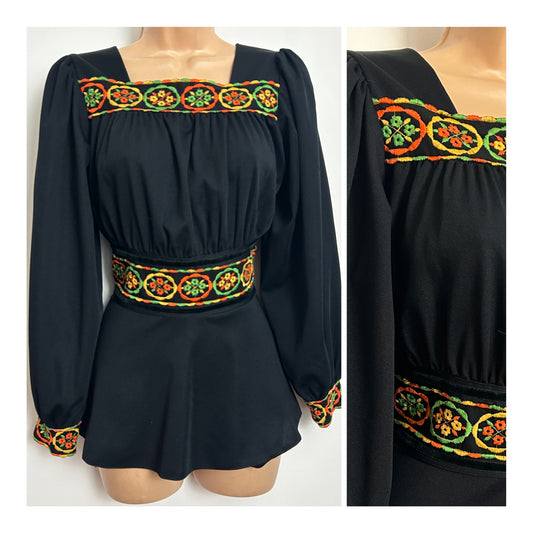 Vintage 1970s Size 8 Black Orange Green & Yellow Embroidered Detail Long Sleeve Tie Back Top