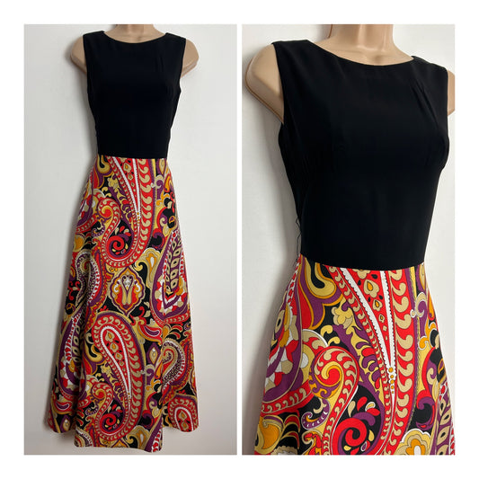 Vintage 1970s UK Size 8 Black Red & Beige Abstract Paisley Print Sleeveless Maxi Dress