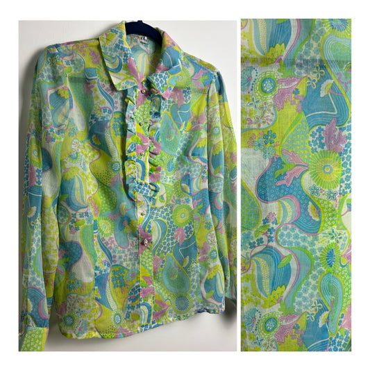 Vintage 1970s Size 12 Pastel Blue Green & Pink Psychedelic Floral Print Lightweight Ruffle Trim Shirt