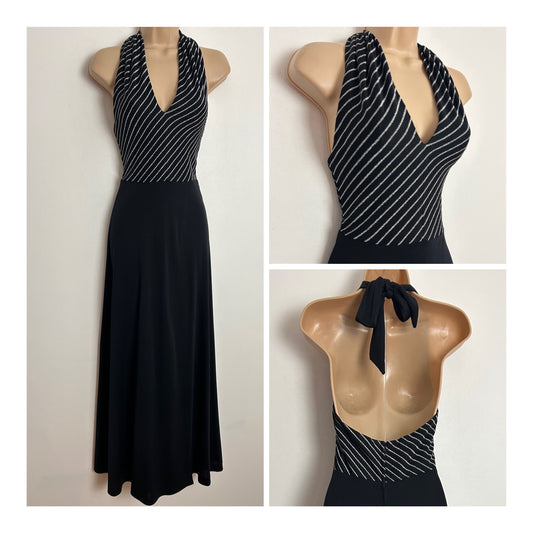 Vintage 1970s UK Size 6  Black & Metallic Silver Lurex Stripe Halterneck Evening Maxi Dress