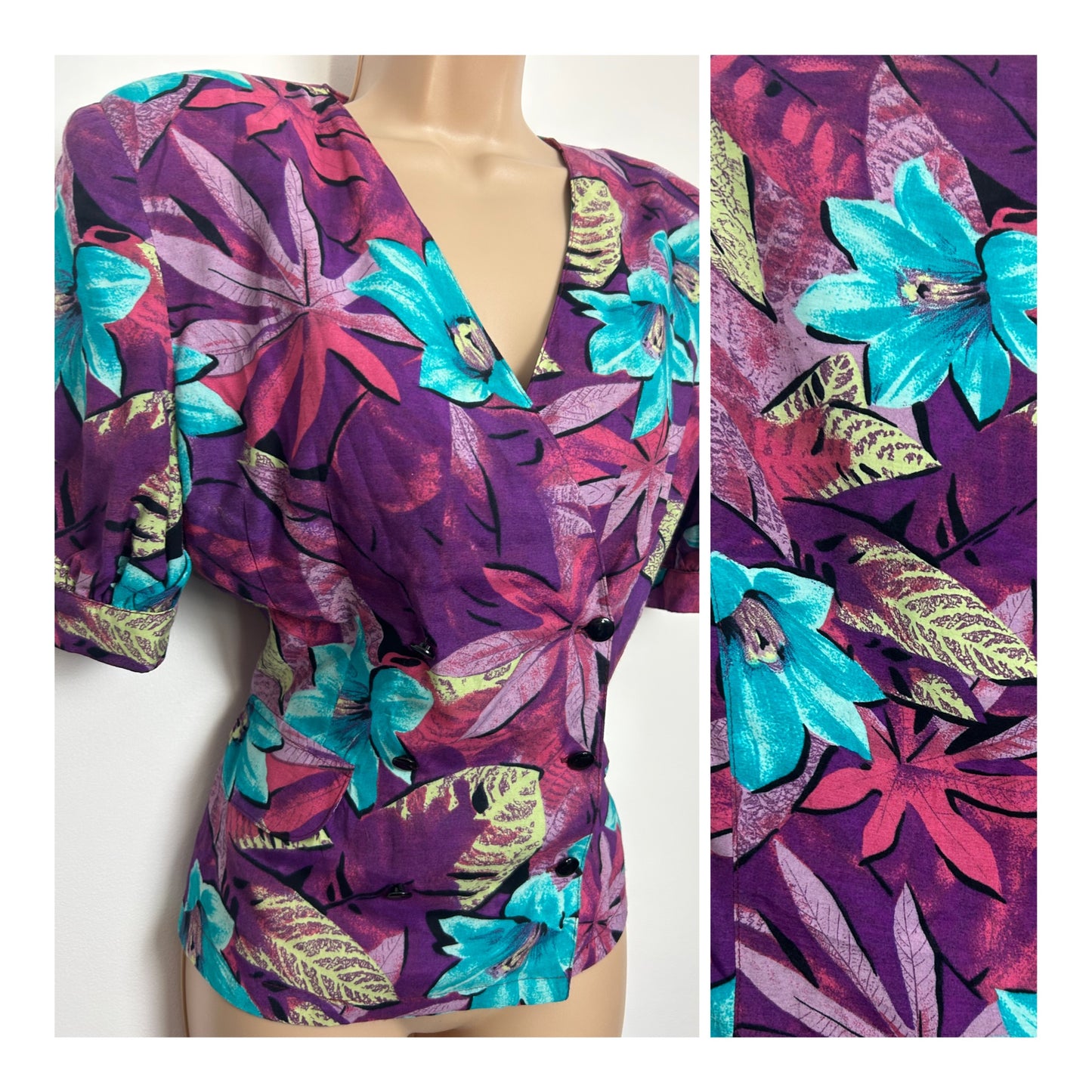Vintage 1980s Italian Size 12 Purple & Turquoise Floral Print Short Sleeve Peplum Blouse/ Top
