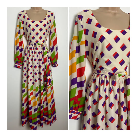 Vintage 1970s BERKERTEX Size 10 Cream Red Purple Green & Yellow Geo Print Long Sleeve Maxi Dress