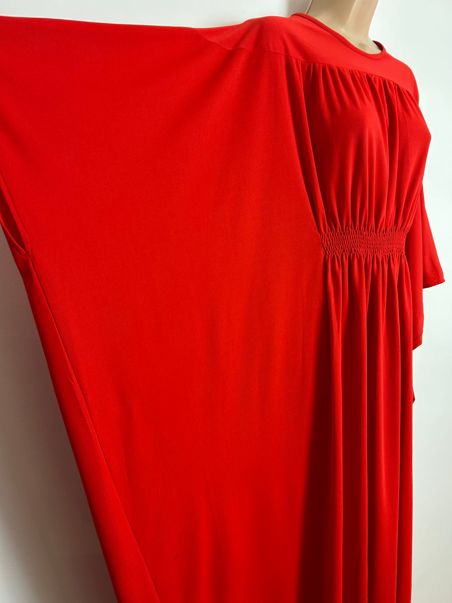 Vintage 1970s EVANS One Size Red Shirred Waist Detail Wide Sleeve Kaftan Maxi Dress