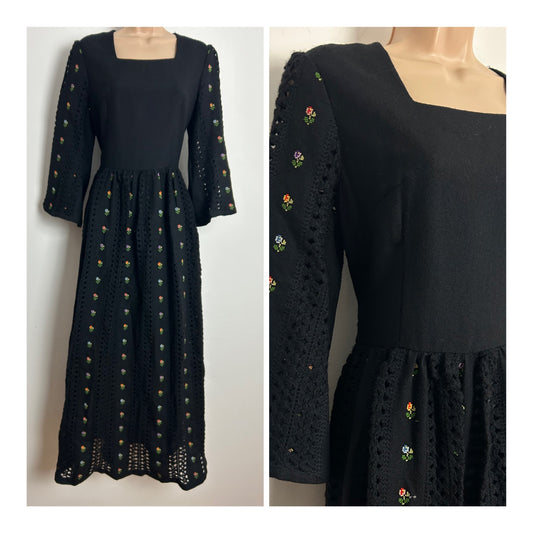 Vintage 1970s Size 8 Black Wool Crochet Panels Embroidered Floral Detail Boho Maxi Dress